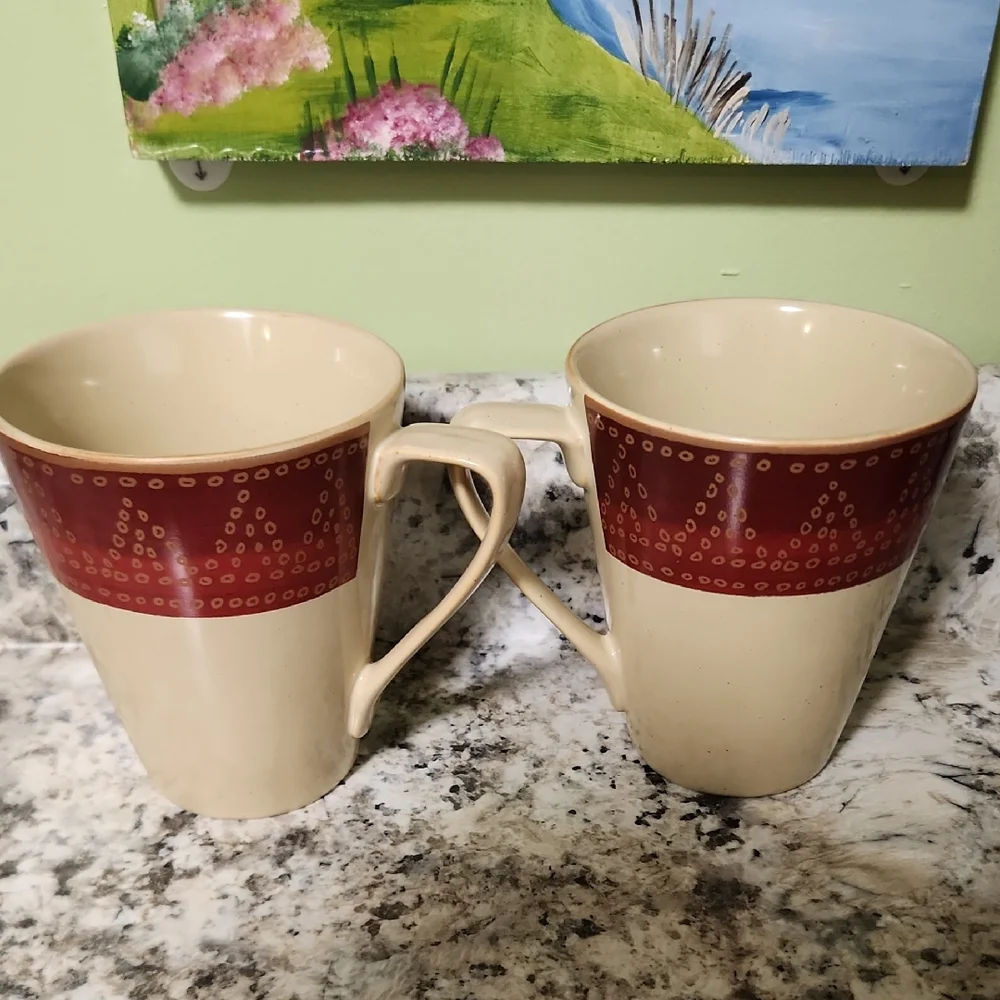 Pier 1 Cream and Red Mug Pair